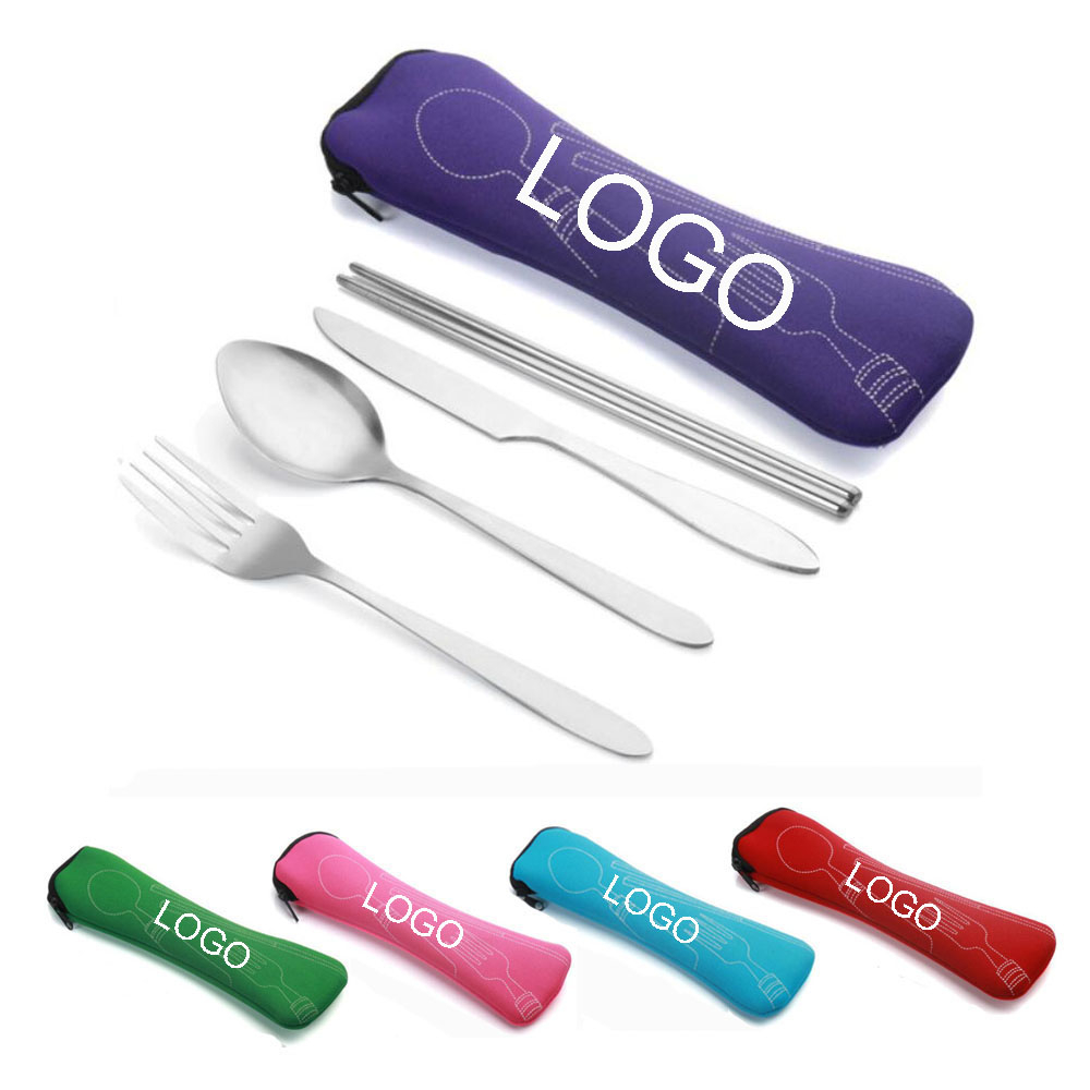 4 Piece Stainless Steel Knife, Fork, Spoon, Chopsticks Set With Neoprene Case