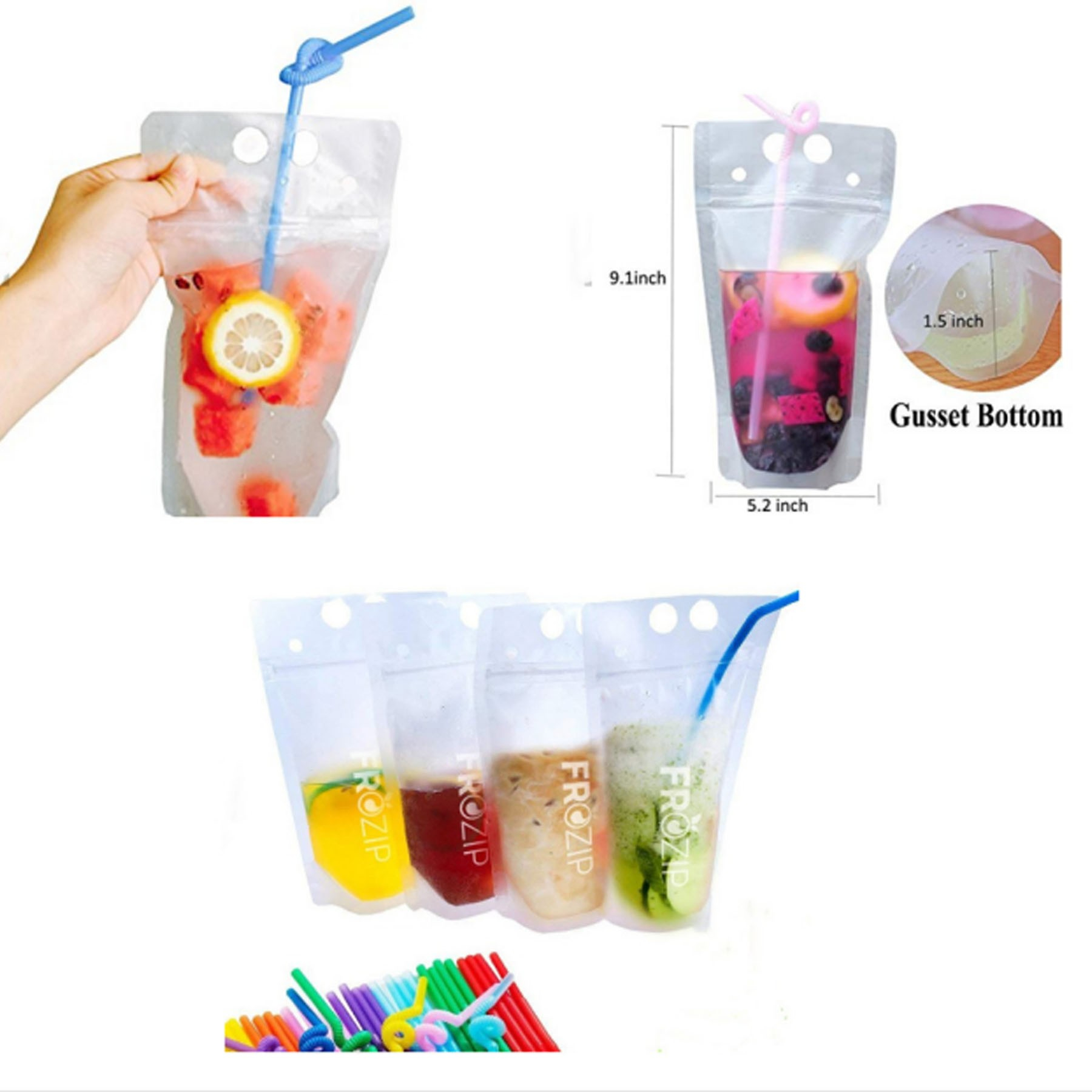 16 Oz. Transparent Hand-held closable Zipper Drinking Pouches Bags with Straw