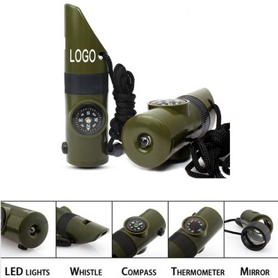 7-in-1 Camping Compass Survival Whistle with LED Flashlight Lanyard